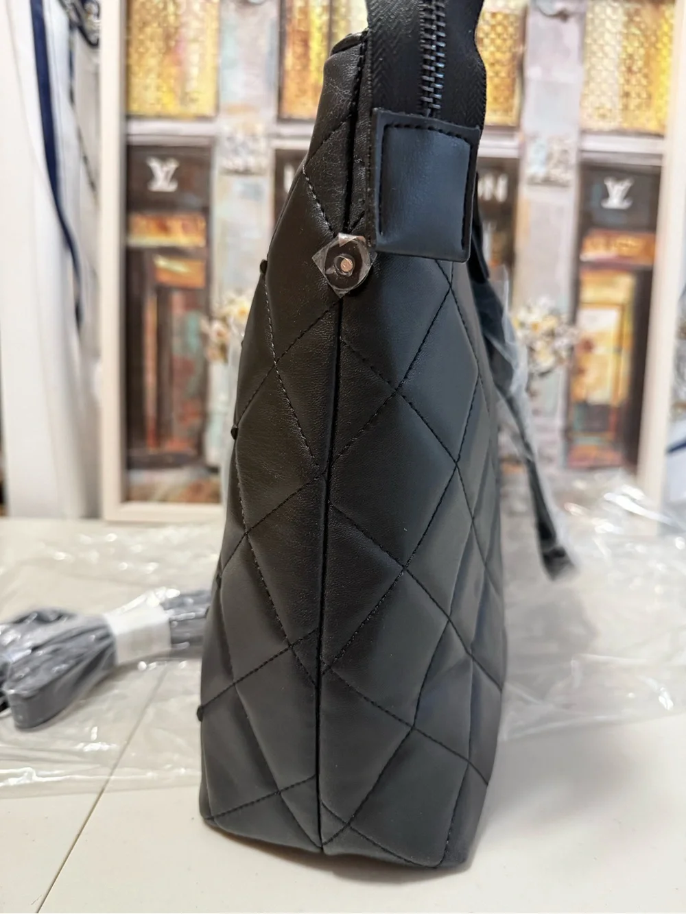 Badgley Mischka Quilted Black Leather Tote Bag
